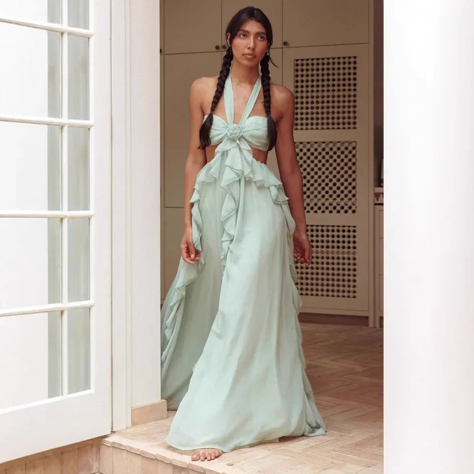 

Women's Sexy Hollow Out Maxi Dress Backless Sleeveless Lace Up Robes Elegant Club Dresses 2025 New Lady Vacation Party Clothes