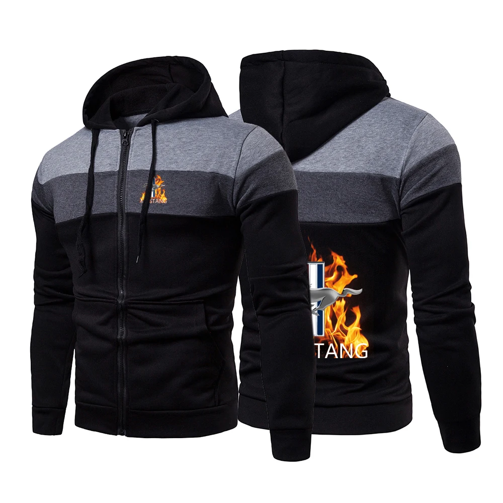 Mustang Printing Men's New Spring And Autumn Hoodies Casual Long Sleeve Three-Color Stitching Sweatshirts Zipper Jackets Coats