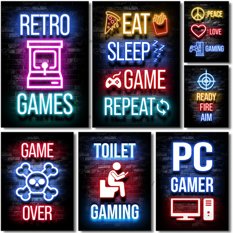 Modern Cool Neon Lights with Alphabet Gamepad Headset Pattern Canvas Painting Prints Living Room Wall Pictures cyber cafe Dec