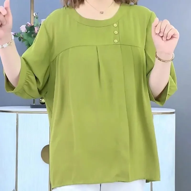 Clothes for Women 2024 Summer Stylish Green Oversized Blouse Casual O Neck Half Sleeve Shirts Simple Ruffled Tops Female Blusas