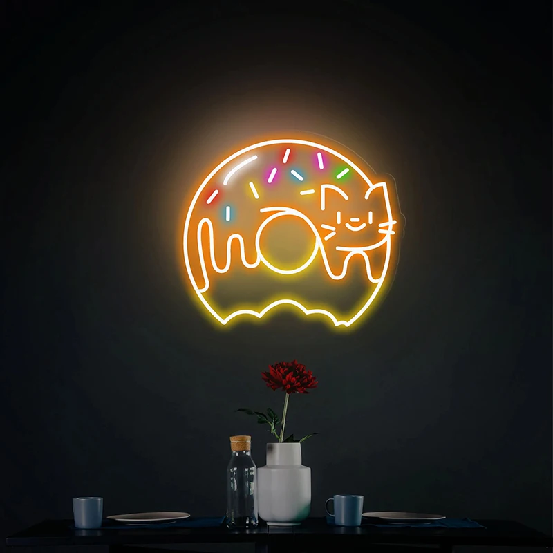 Señal de neón de Donut, luz de neón de Anime de gato lindo para restaurante, decoración de tienda de comida, dulces Dounts, letreros de luces Led personalizados