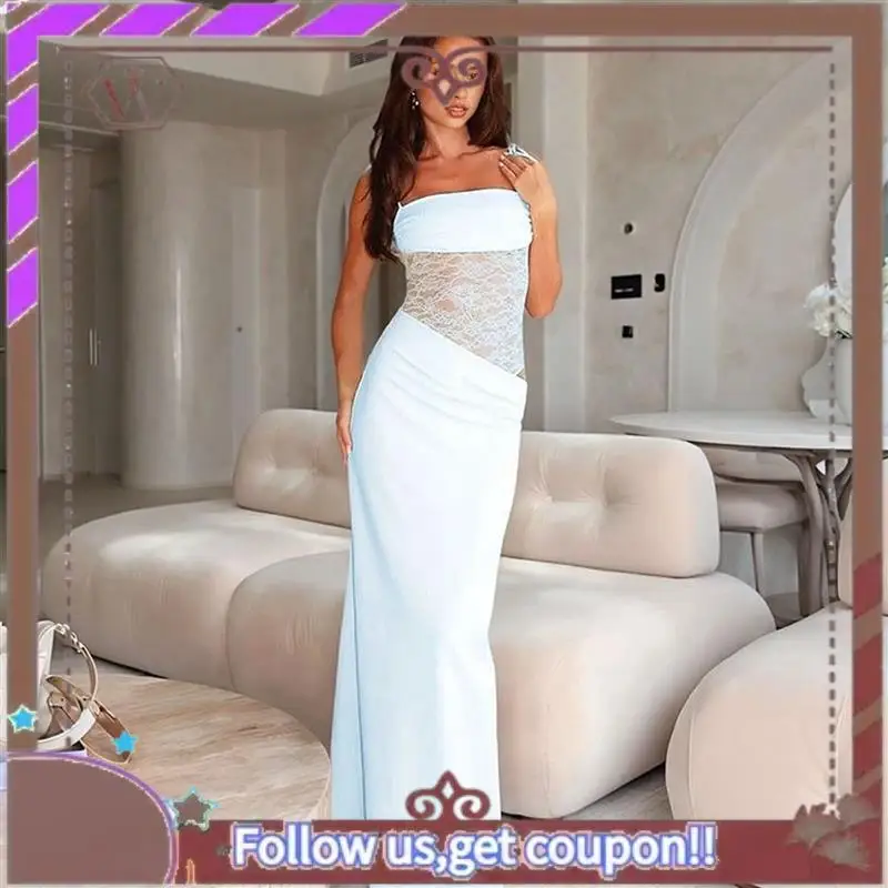 A95D-Vestido largo ajustado sin mangas con cuello cuadrado y corte empalmado de encaje para mujer con corsé transparente