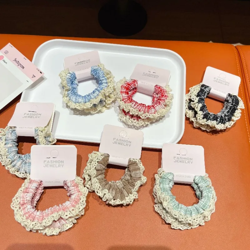 

Lace Trim Plaid Hair Ties for Kids Korean Style High Ponytail Elastic Bands Non Damage Soft High Elasticity Non Slip Cute Daily