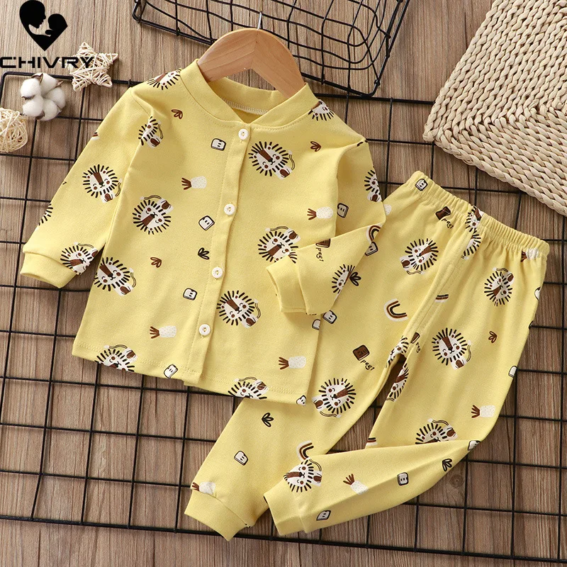 Kids Boys Girls Pure Cotton Pajamas Cartoon Print Long Sleeve Cute T-Shirt Tops with Pants Toddler Baby Sleepwear Clothing Sets
