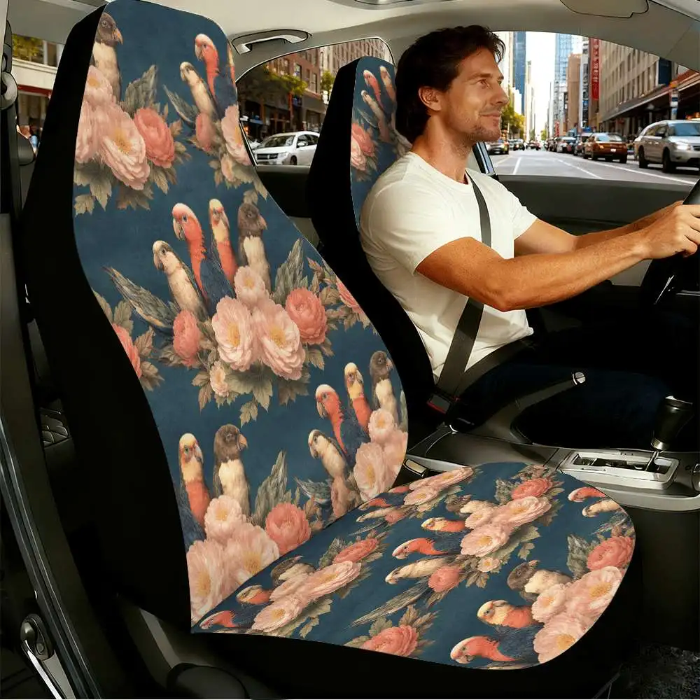 2pcs Colorful Parrots & Peony Flowers Car Seat Covers Compatible For Women, Front Seat Covers With High Back Design, Vehicle Acc