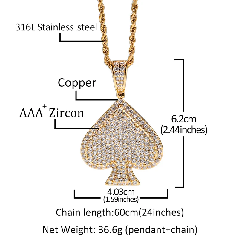 Hip Hop Full AAA Cubic Zirconia Paved Bling Ice Out Gold Color Poker Spade Pendants Necklace for Men Hiphop Rapper Jewelry