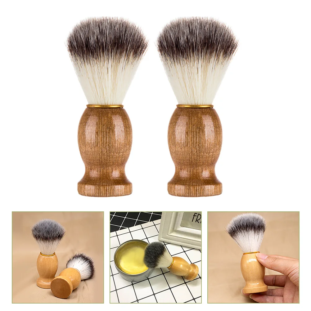 2 Pcs Shaving Brush Barber Salon Shave Handheld Natural Beard Softening Nylon Wool Wood Handle