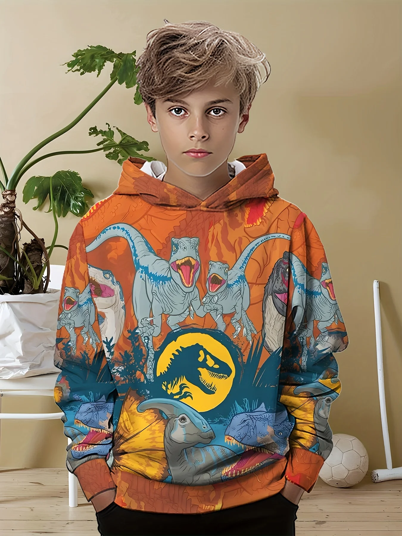 

2025 New fashionable children's casual hoodie, 3D printed dinosaur print pattern, daily wear, soft texture, comfortable touch