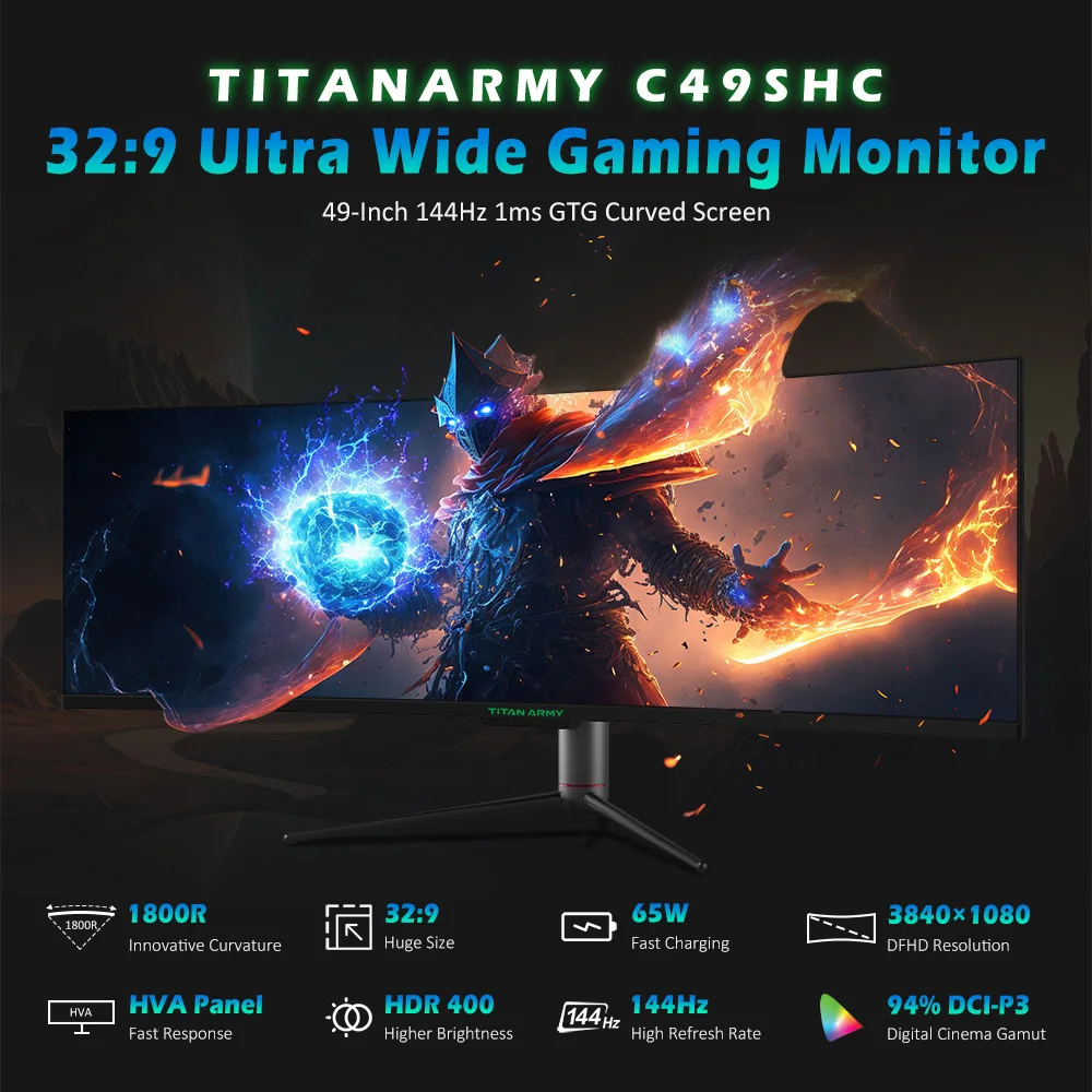 TITAN ARMY C49SHC 49-inch Gaming Monitor, 3840*1080 CSOT HVA Panel, 32:9 Oversized Curved Screen, 144Hz High Refresh Rate, Smart