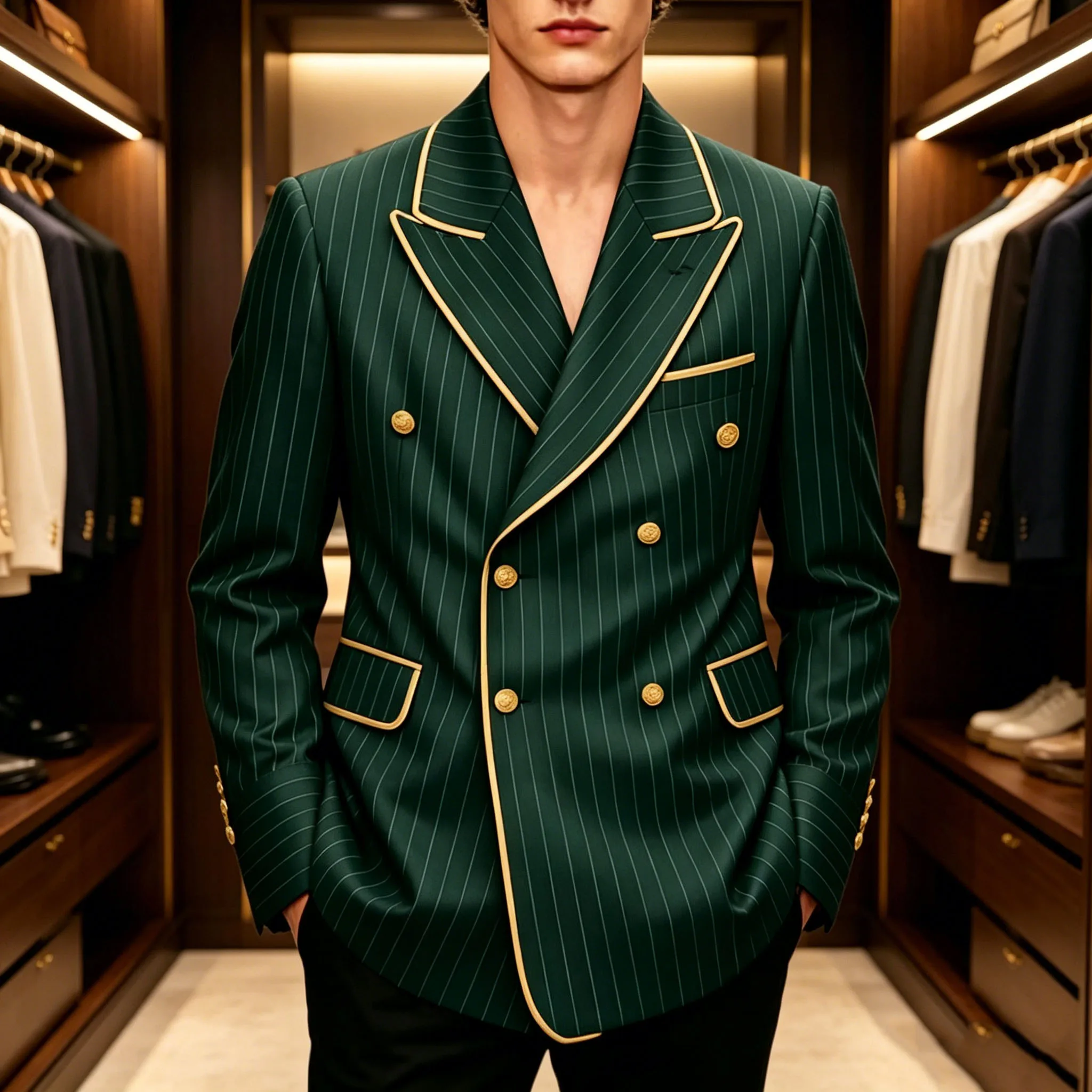

Men's Pinstripe Double Breasted Blazer Slim Fit Peaked Lapel With Gold Trim Formal Suit Jacket For Groomsman Wedding Prom New
