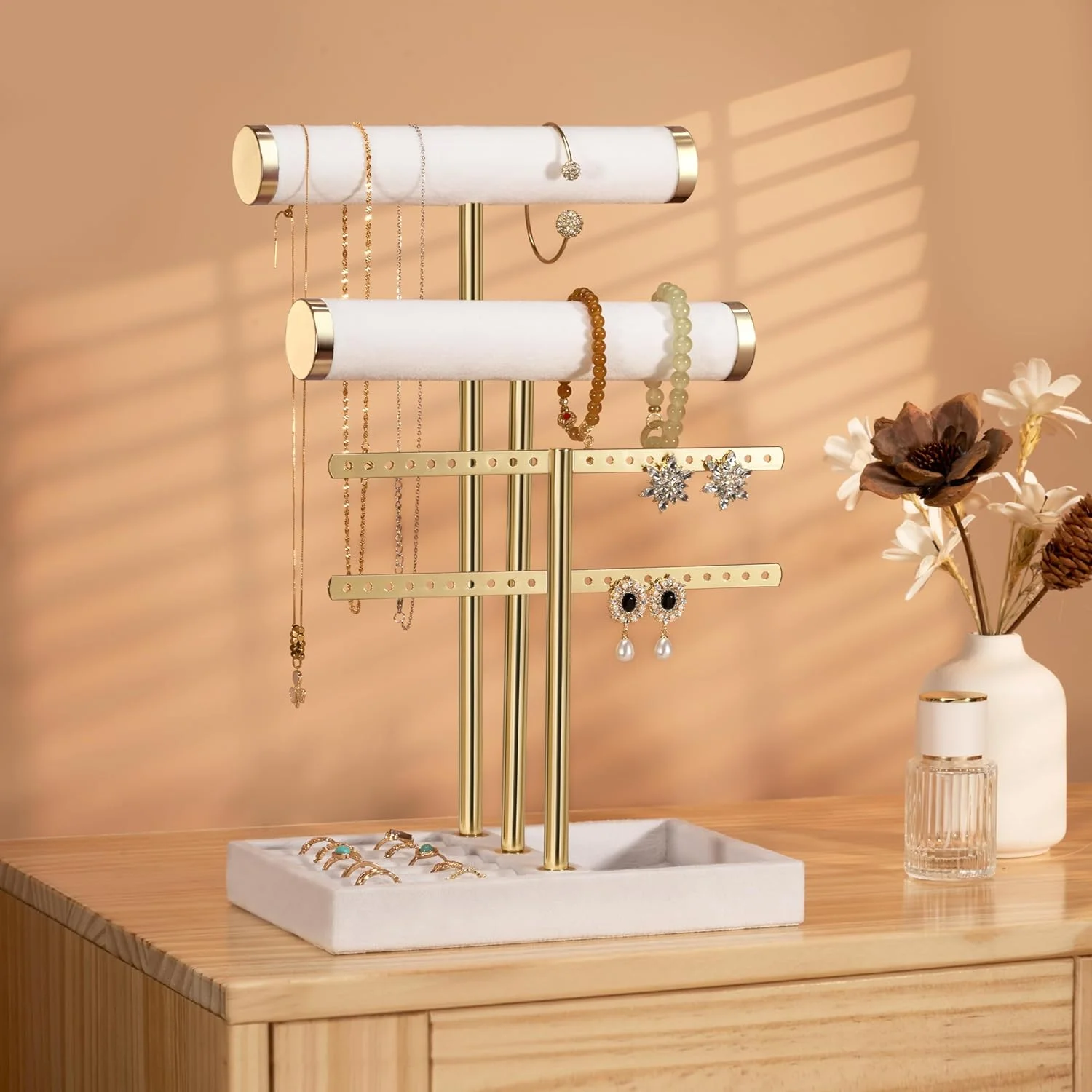 Luxury Gold Black Jewelry Display Stand, Multi-Layer Necklace Earring Holder Rack, Elegant Organizer for Store Counter & Home Va
