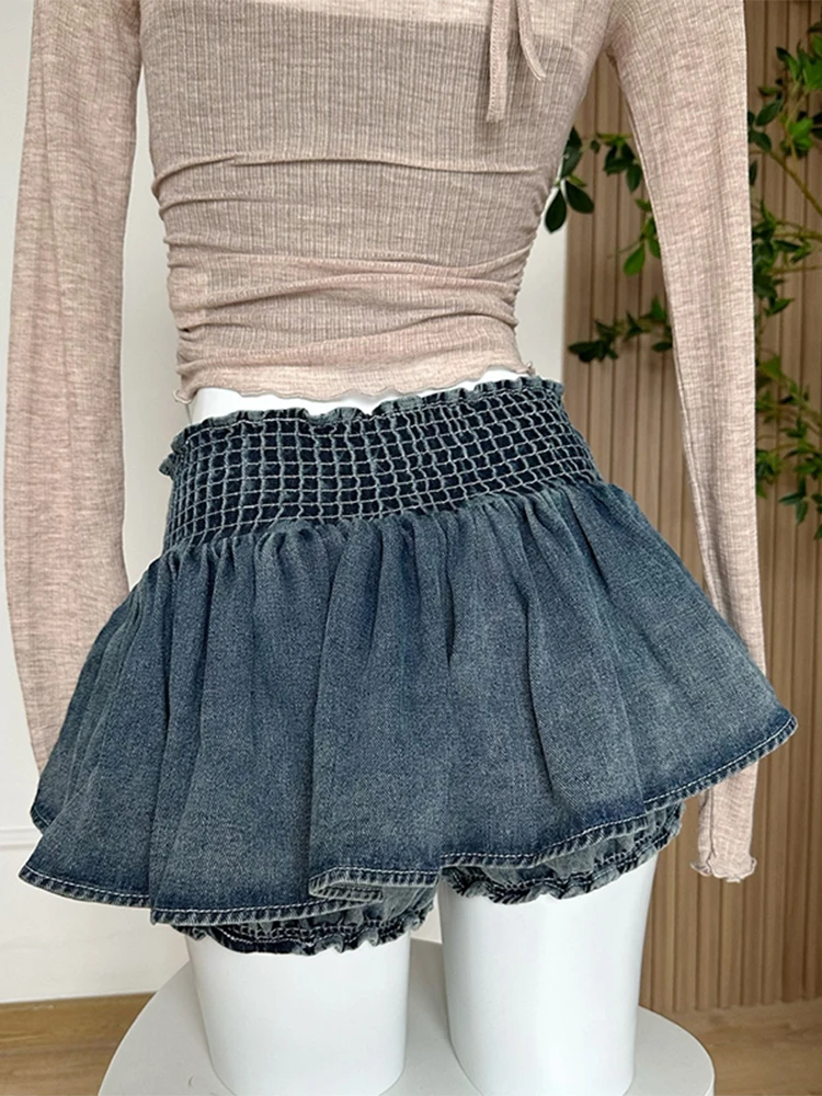 Faldas vaqueras azules para mujer, pantalones cortos con lazo, minifalda acampanada, ropa de calle Sexy Y2k Irregular Kawaii, 2023