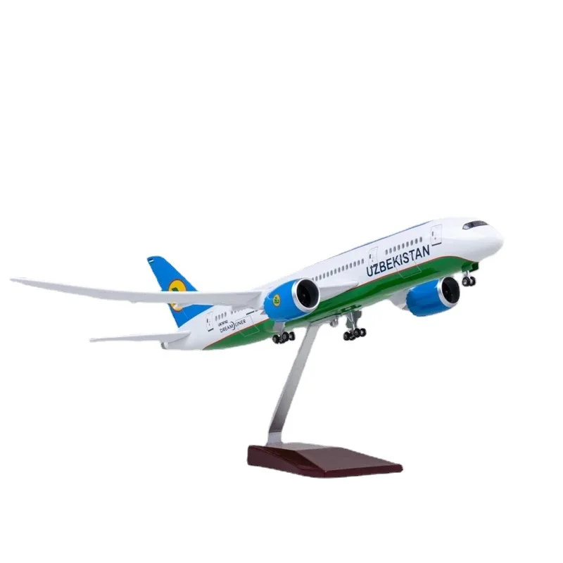 Escala 1:130 47 CM Modelo Diecast Resina UZBEKISTAN Avião de companhia aérea B787 Dreamliner Aviões de brinquedo com luz LED (toque ou controle de som