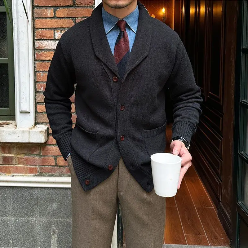 American V-neck plush knitted cardigan for autumn and winter, gentle, soft, lazy and versatile sweater jacket for men