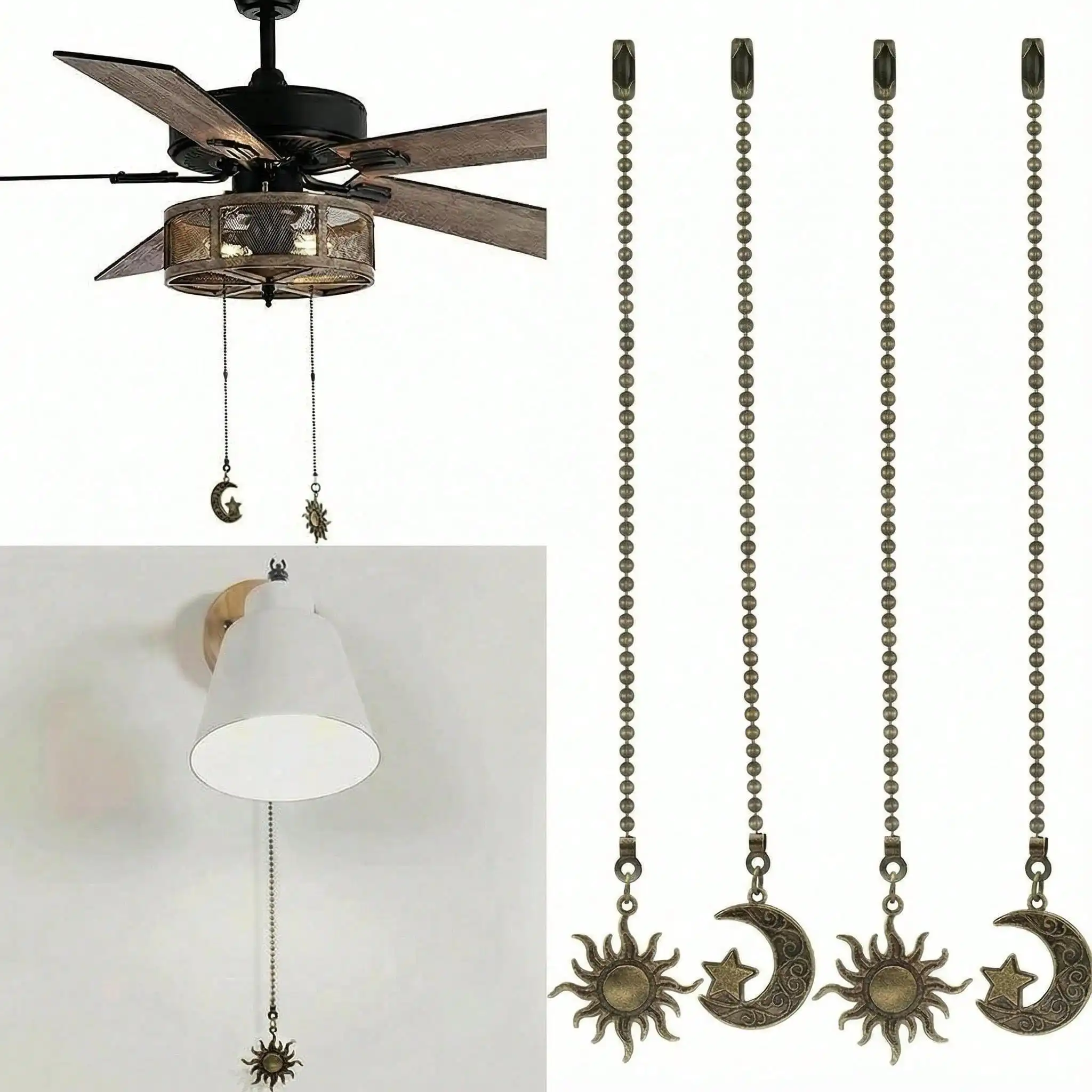 4pcs Sun & Moon Ceiling Fan Pull Chain Decorations, Bohemian Style Tassel Zipper Pulls, 12 Inch Lighting Ceiling Fan Beads Ornam