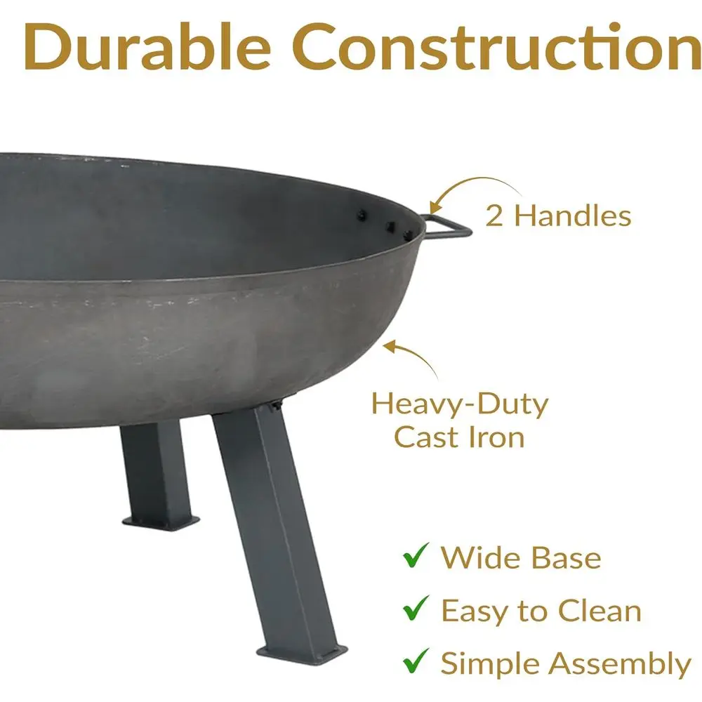 وعاء حفرة نار خارجي متين من الحديد الزهر مقاس 34 بوصة مع مقابض لحرق الخشب واللمسات النهائية الفولاذية