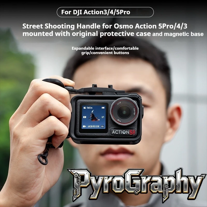 

PyroGraphy Action5pro/4/3 Ручка для уличной съемки, кнопка затвора для DJI OsmoAction5pro/4/3, установленная с оригинальным защитным чехлом