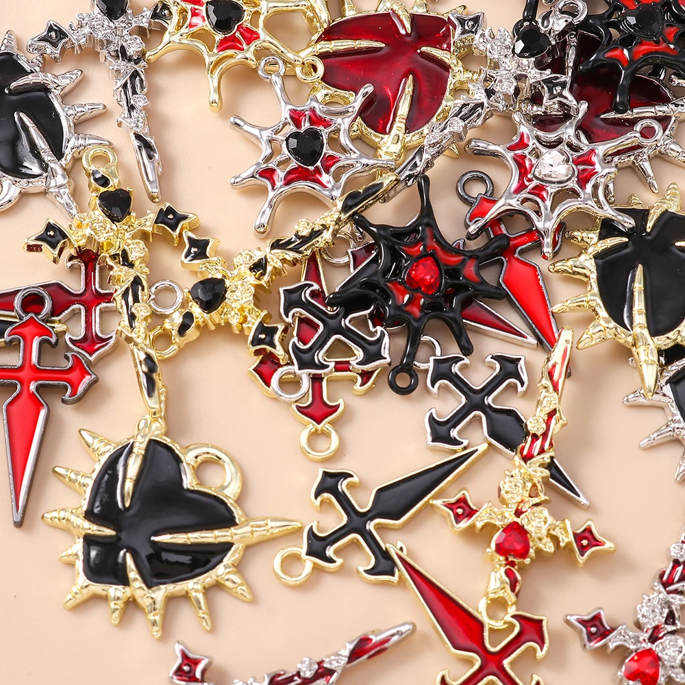 Leslie 5 Stück Retro Gothic Spinnennetz Herz Kreuz Charms für Schmuckherstellung Metall Steampunk Herz Anhänger DIY Ohrringe Halsketten – Detail 3