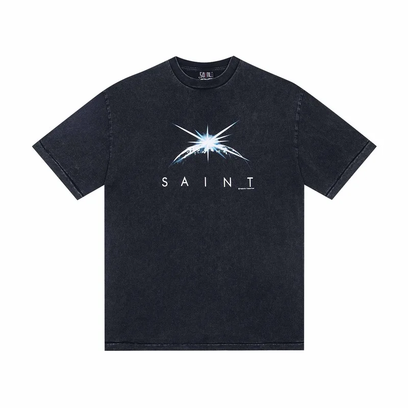 SAINT T-Shirt Vintage Trendy Glitter Earth Limited Straight Fit Washed Distressed Short Sleeve Tee Men Women Streetwear