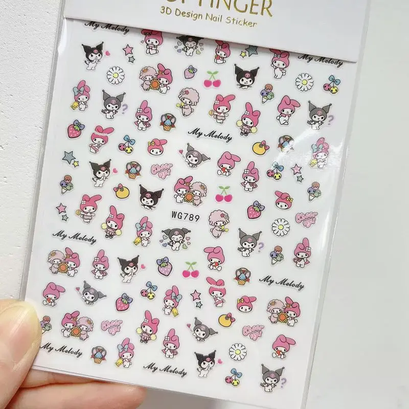 1PCS Sanrio Cartoon Hello Kitty Nail Stickers Kuromi Nail Decoration Anime Nail Decals 3D Animation Press On Nails For Manicure