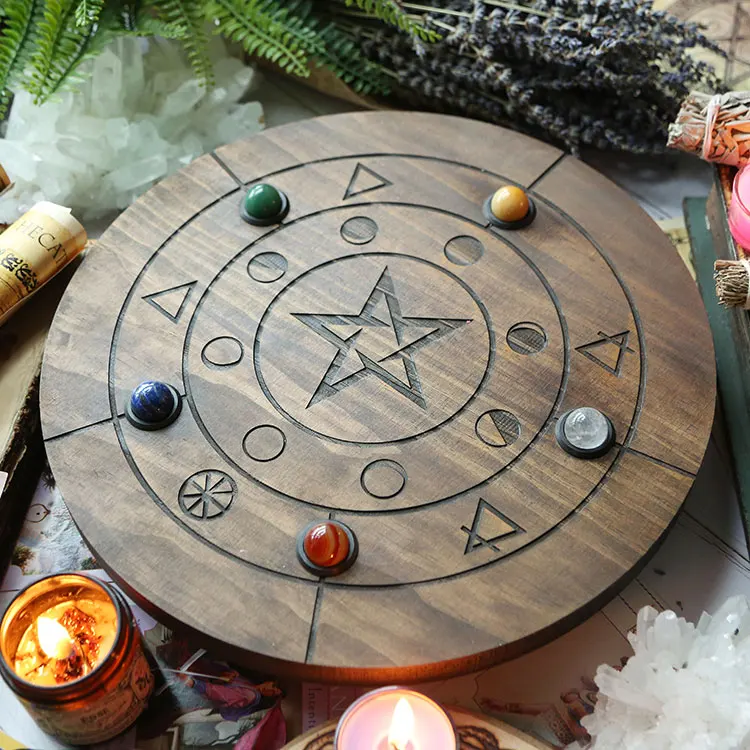 Solid wood thickened candle trough board with rotating five pointed star shape, vintage home decoration item