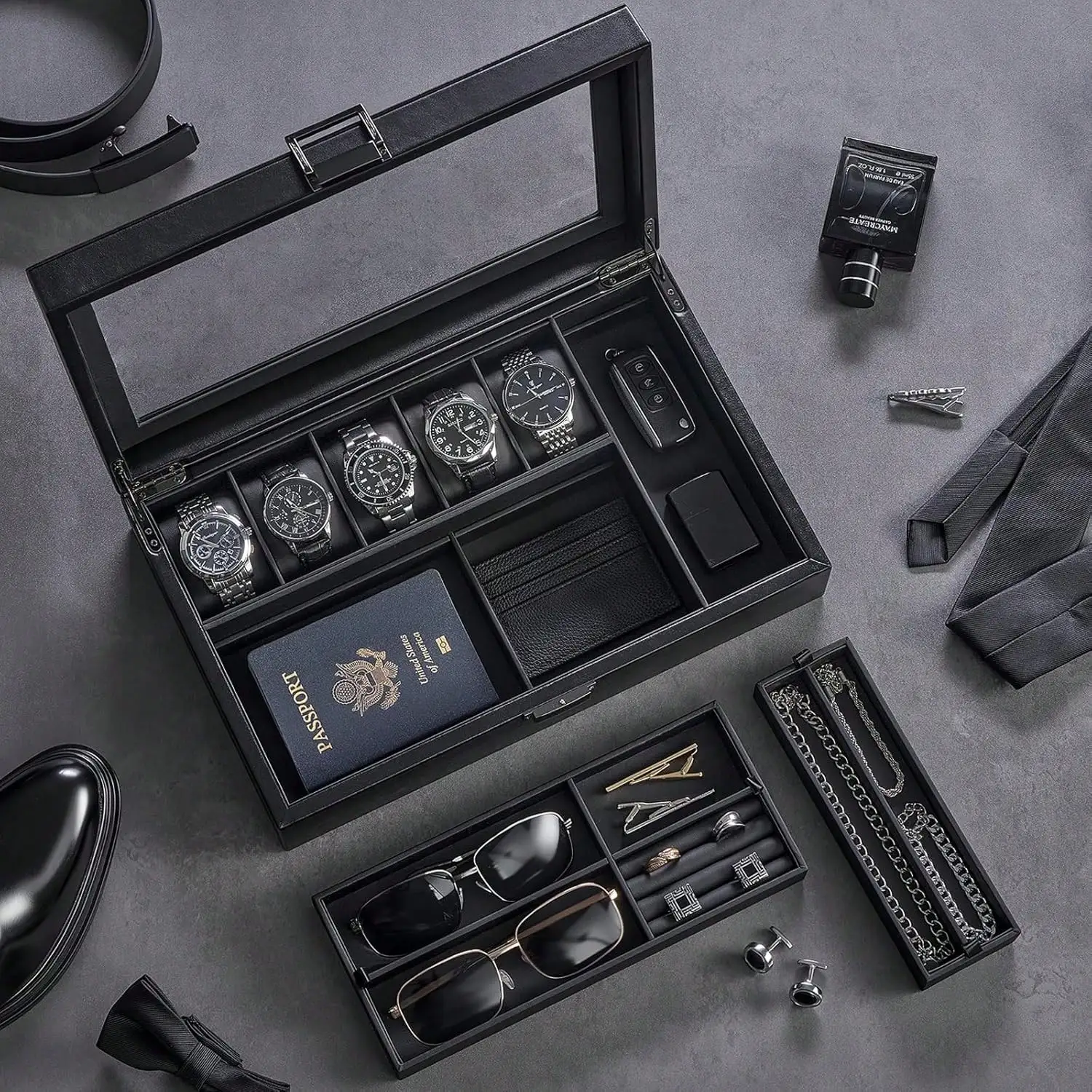 

Деревянный органайзер для хранения ювелирных изделий и аксессуаров с 5 слотами и скрытым отделением, подставка для часов