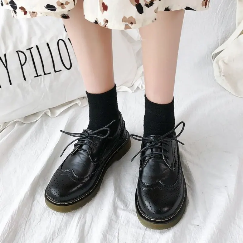 Ins Vintage England Style PU Leather Shoes Student Daily Joker Lace Up Flats Shoe Korean Spring Autumn Black Shoes 2022