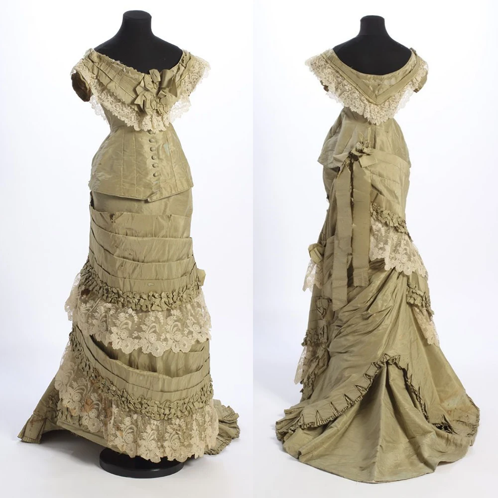 

1880s Evening Dress Historical Sissi Ruched Lace Ruffle Off Shoulder Princess Dress Victorian Civil War Southern Belle Ball Gown