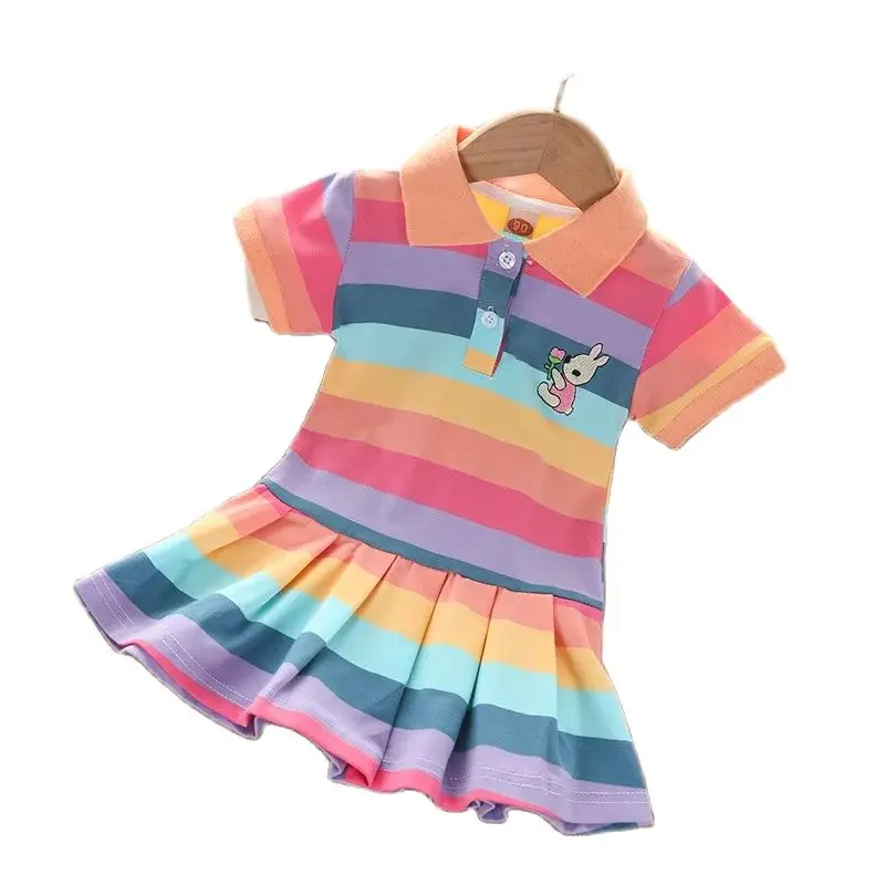 Sommermode für Mädchen, süßes Kleid mit kurzen Ärmeln, Cartoon-Kaninchen-Stickerei, Regenbogenstreifen, Prinzessinnenkleid für Babymädchen – Detail 7