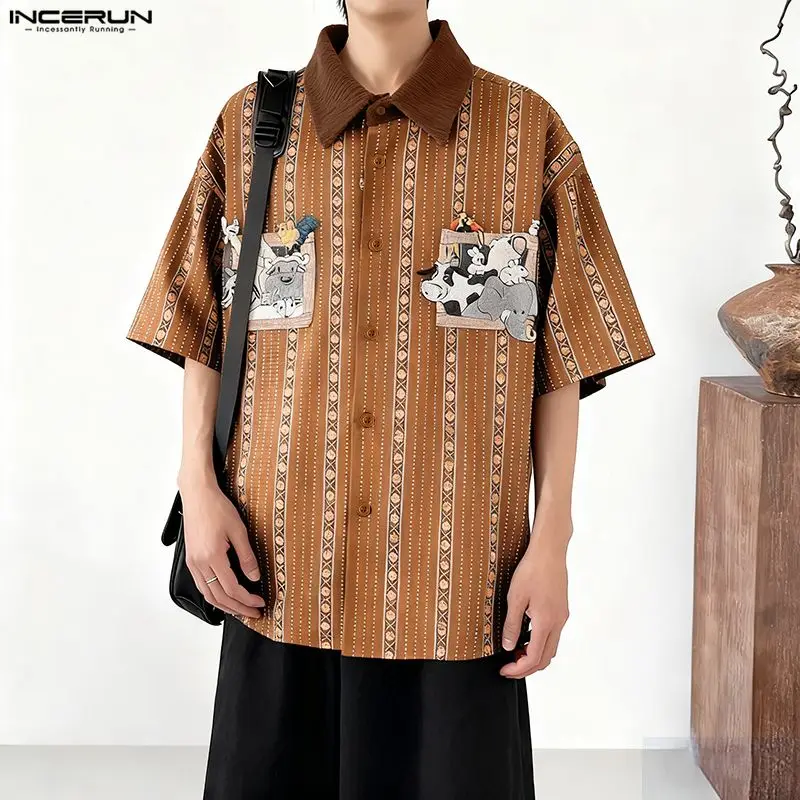

INCERUN Men Shirt Printing Patchwork Lapel Short Sleeve Summer Male Tops Streetwear Korean Style Loose 2026 Casual Men Clothing