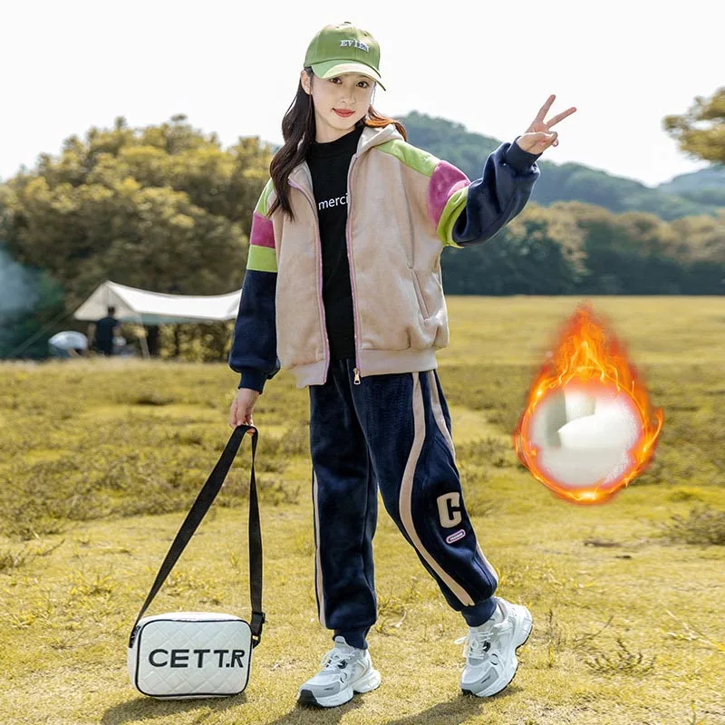 

2025 Autumn Winter Junior Girl Thicken Tracksuit School Girl Contrast Zipper Hooded Sweat Jacket+Sport Pants Teenagers Girls Set