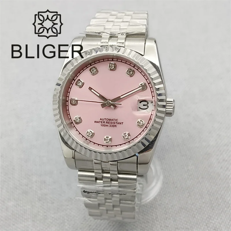 BLIGER 36mm/39mm Machenical Watch NH35 Automatic Movement Pink Dial Diamnd Time Marks Steel Strap Silver Fluted Bezel Waterproof