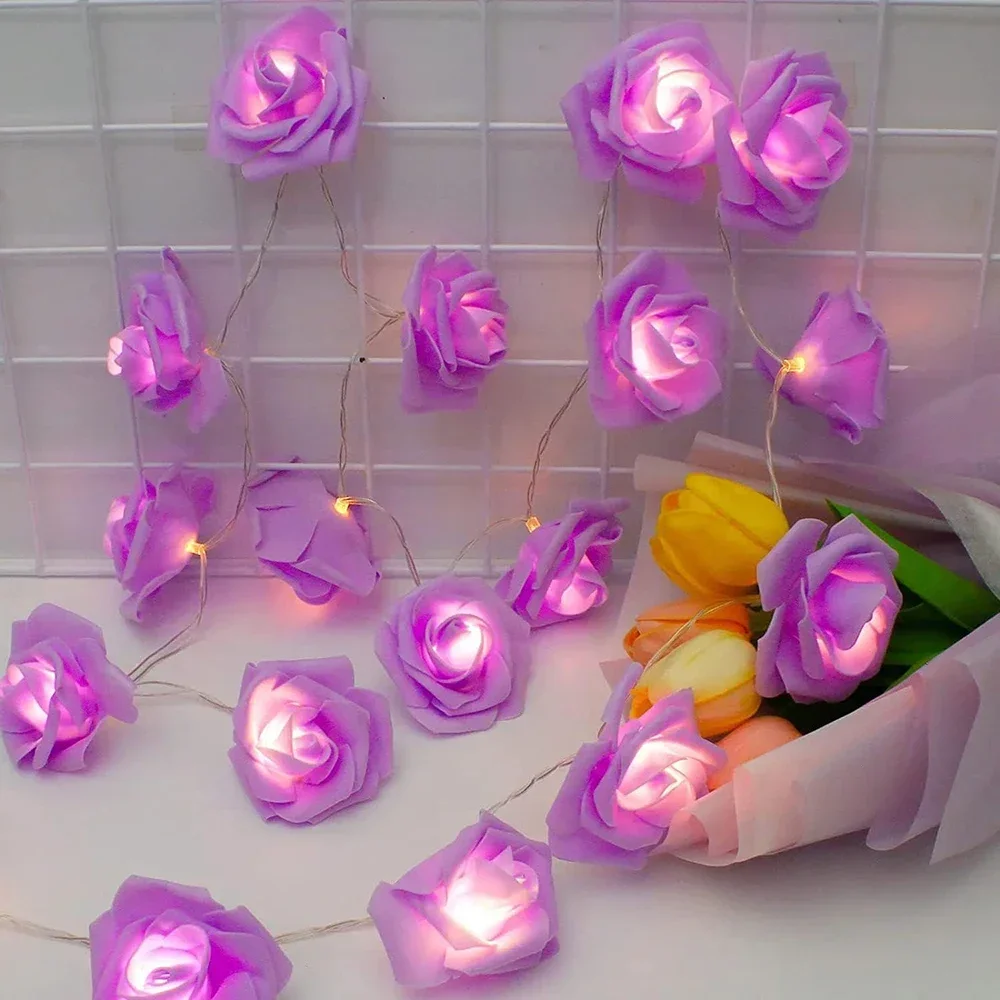 LED String Light Purple Rose Garland For Valentine's Day Party Wedding Christmas Birthday Room Decor Romantic Fairy Flower Light