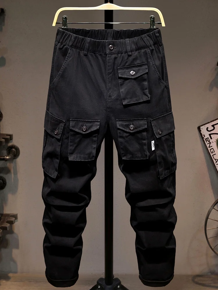 

Повседневные хлопковые рабочие брюки для активного отдыха, свободного кроя, с множеством карманов, прямые штанины, модные, городские, молодежные, энергичные, черные