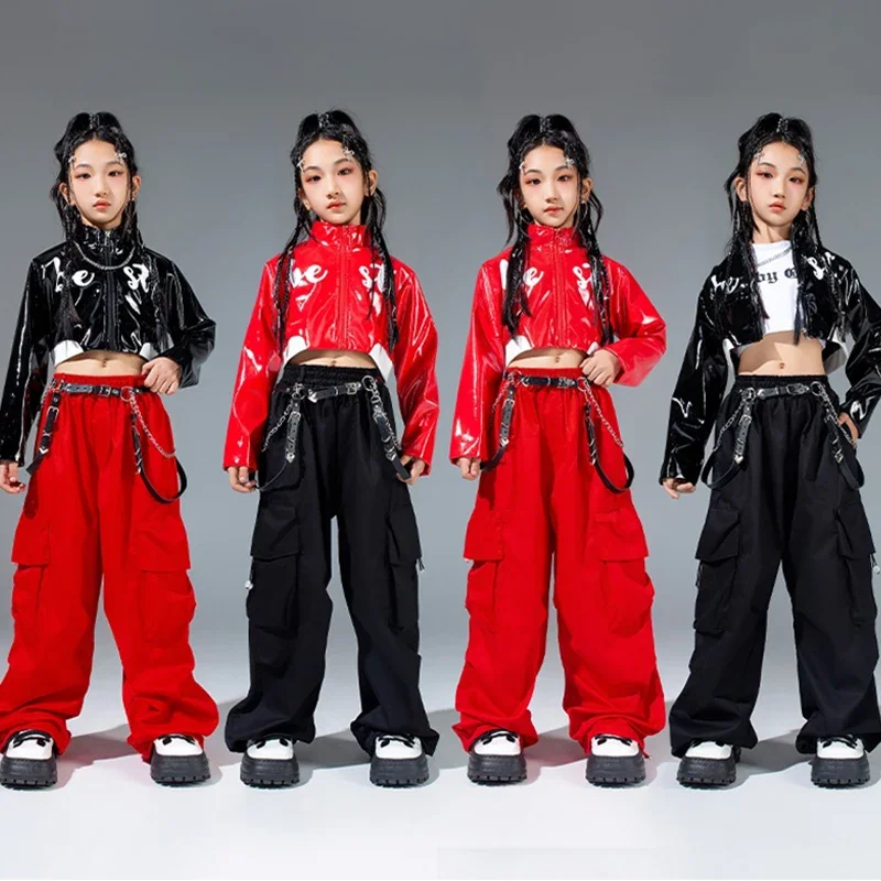 

Girls Hip Hop Dance Costume Children Street Moden Dance Wear Kid Jazz Kpop Stage Clothing Red Jacket Black Cargo Pants