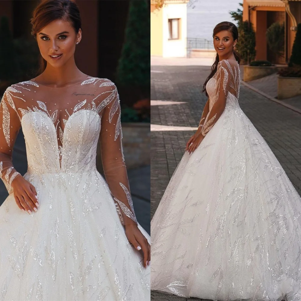 

Customized Temperament White Organza Wedding Dress Dreamy Crew Neck Long Sleeves Bridal Party Classic Buttons Back Bridal Gowns