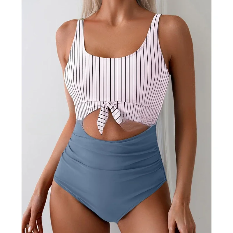 Patchwork Printing Swimwear Women Bandage Hollow Out High Waist One Piece Swimsuit 2025 New Vacation Beach Female Bathing Suit