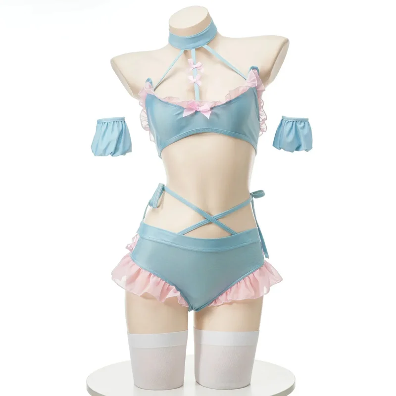 Anime Cute Pink Blue Swimsuit Women Halter Backless Ruffled Underwear Cosplay Costume Sexy Swimwear Beach Poor Party Outfit Girl