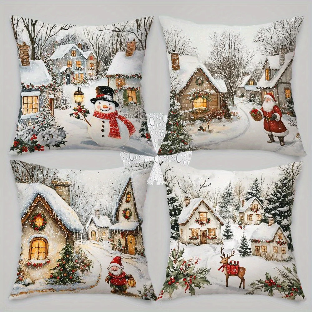 Four-Piece Holiday Throw Pillow Set - Cozy Winter Village Scene with Snowmen and Reindeer Decor