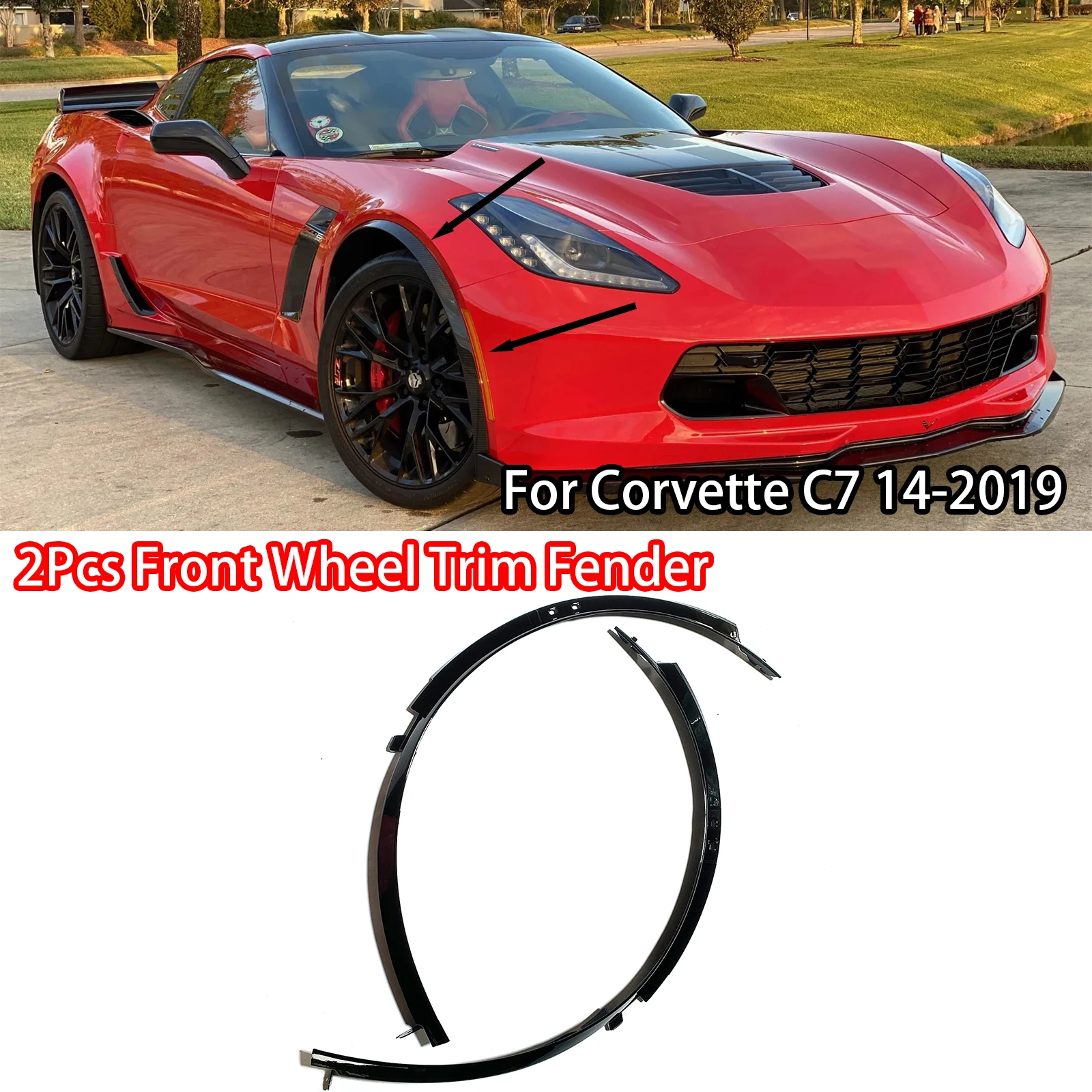 For Corvette C7 2014-2019 2Pcs Front Wheel eyebrow Trim Fender Flares Glossy Black Carbon Fiber Look