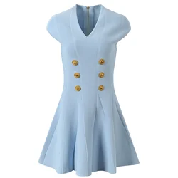 2024 New Arrival Summer Elegant Style Lady Knits V-neckline Basic Outwear Double-breasted Sleeveless Women Mini Solid Dress