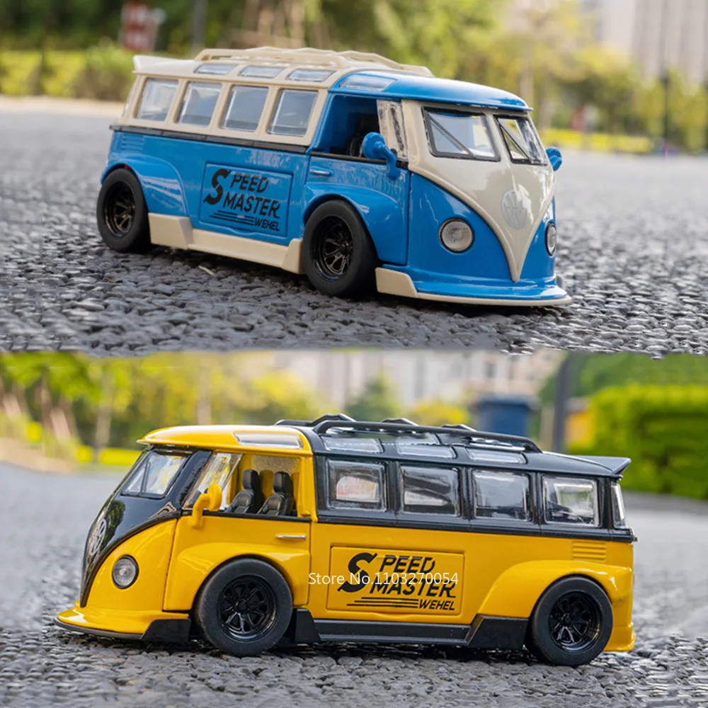 1/32 T1 Bus Spielzeug Auto Modell Legierung Druckguss 5-türig geöffnet mit Sound Licht zurückziehen Cabrio Modelle Gummireifen für Jungen Geschenke