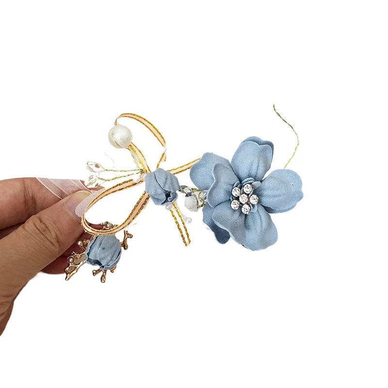 美しい青い花糸蝶レースハンドフラワー花嫁介添人手首の花結婚式のギフトパフォーマンスダンスブレスレット