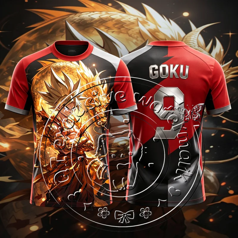 Color Block Golden Dragon Super Saiyan Goku 3D Print Soccer Jersey Unisex GOKU No.9 Football Training Short Sleeve Sports Top