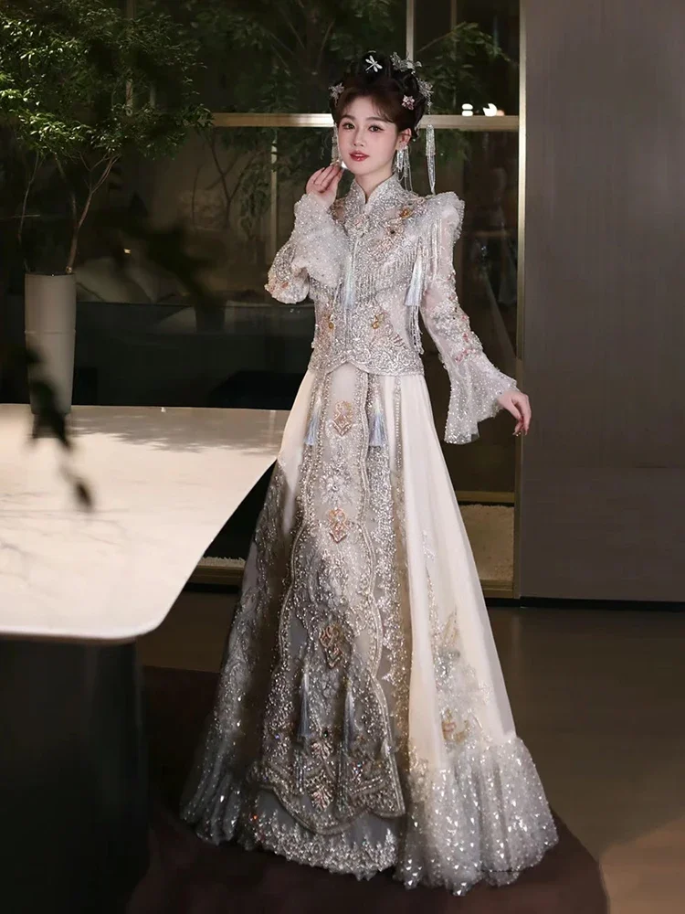 Chinese traditional wedding dress Chinese new Hanfu embroidery fringe silver slim-fit fishtail dress