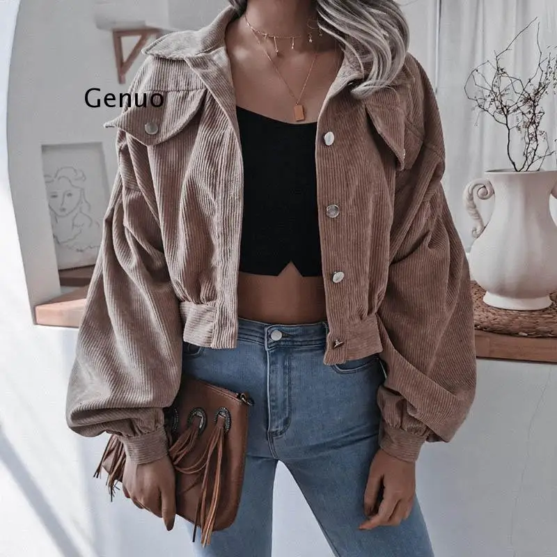 

Fashion Women Corduroy Lantern Long Sleeves Lapel BF Style Jacket Fall Winter Elegant Solid Color New Loose Casual Short Jackets