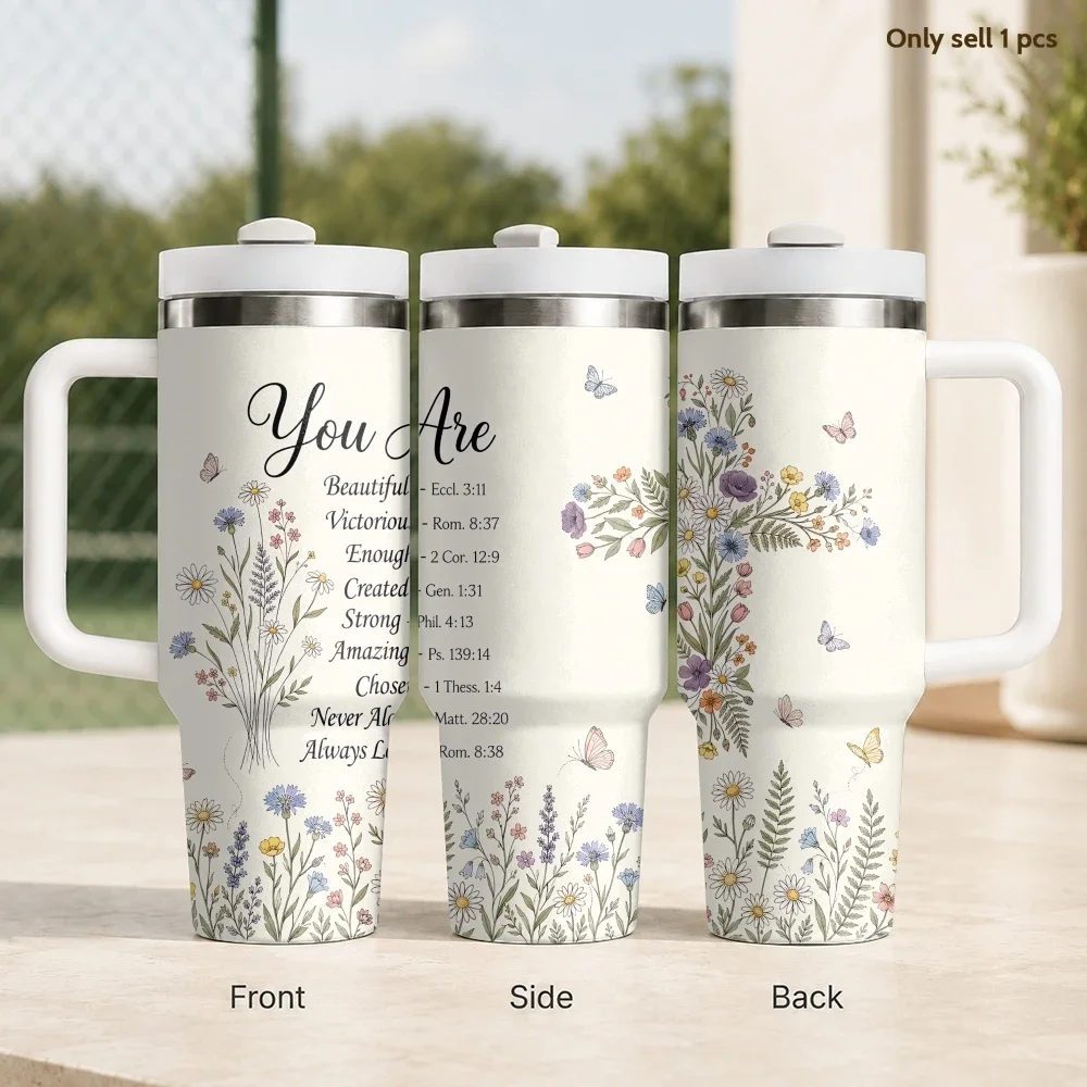 Encouraging Women Christian Words Flower Vacuum Flasks 40oz Stainless Steel Insulated Tumbler Handle Straw Leakproof Travel Mug
