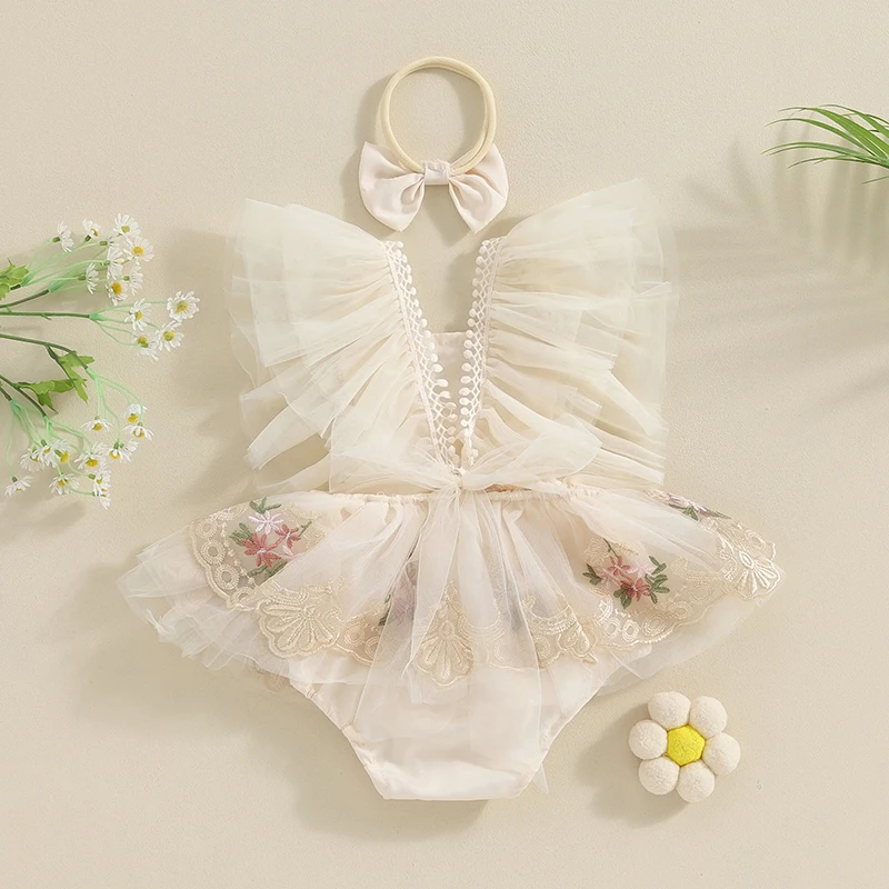 Newborn Baby Girls Rompers Flower Embroidery Mesh Tulle Dress with Headband Infant Summer Outfits