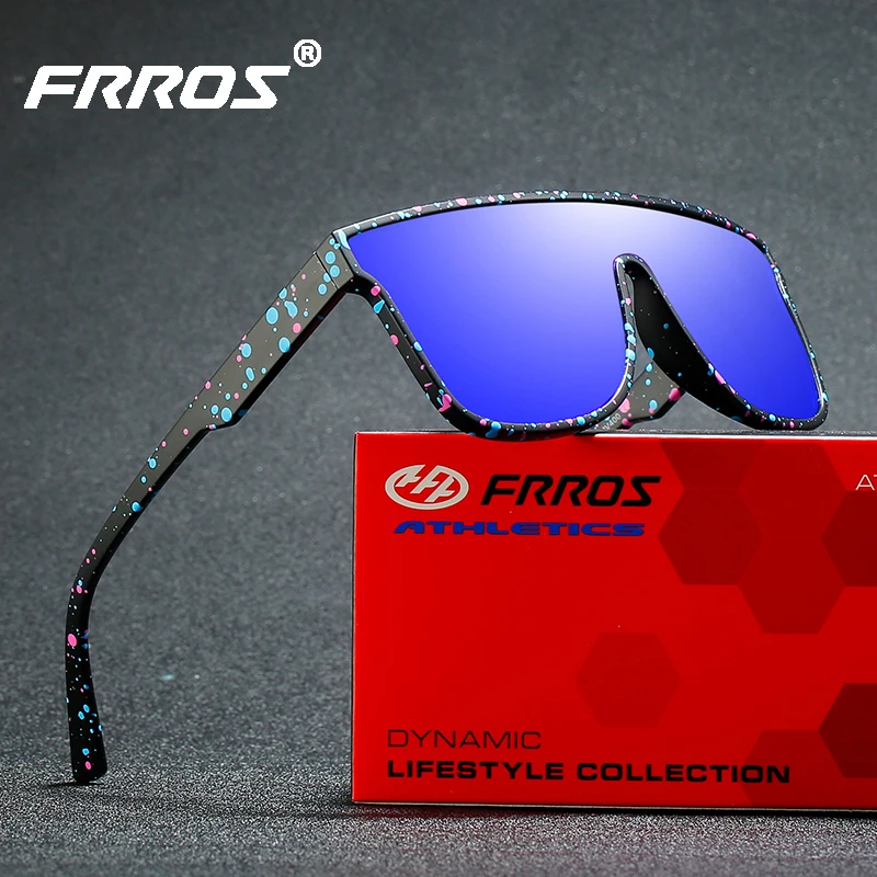 FRROS One-piece Lens Polarized Sunglasses Men Square Oversized Frame Sport Goggles Coating Mirrored Lens Shades Male UV400