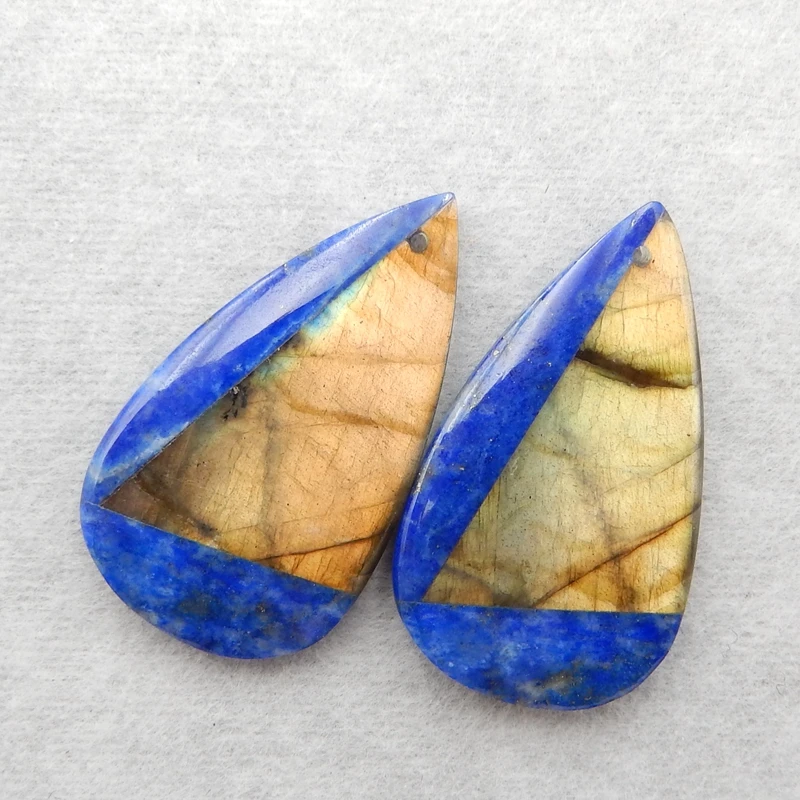 

Natural Stone Handmade Jewelry Lapis Lazuli with Labradorite Intarsia Earrings DIY MarkingBead 33x19x5mm9.5g